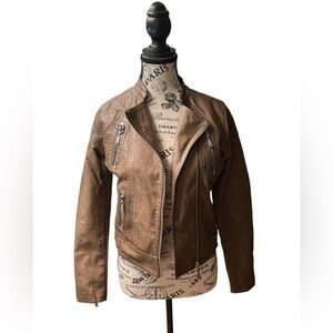 Vintage Y2K JOU JOU Womens Size L Faux Leather Moto Jacket Lined Quilted BROWN